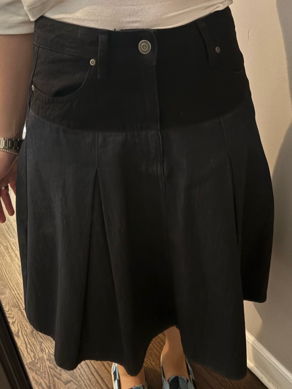 Zara Black and blue denim Pleated A-Line Skirt with belt hooks